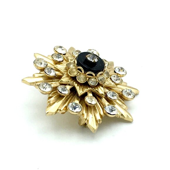 MID-CENTURY sunburst brooch - gold-tone rhinestone & onyx pin heavy layered dome - Picture 6 of 8